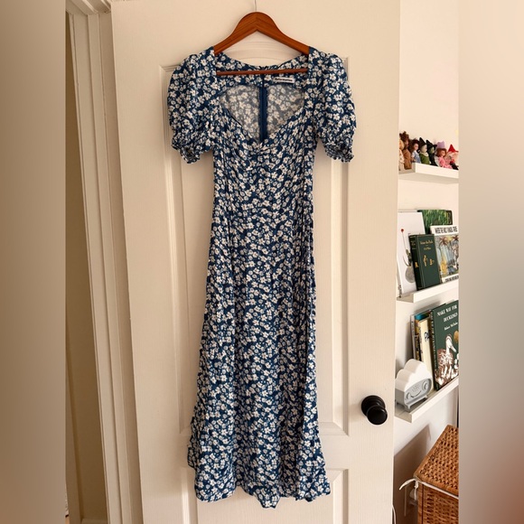 Reformation Blue Floral Puff Sleeve Long Dress with Slit - Picture 2 of 5